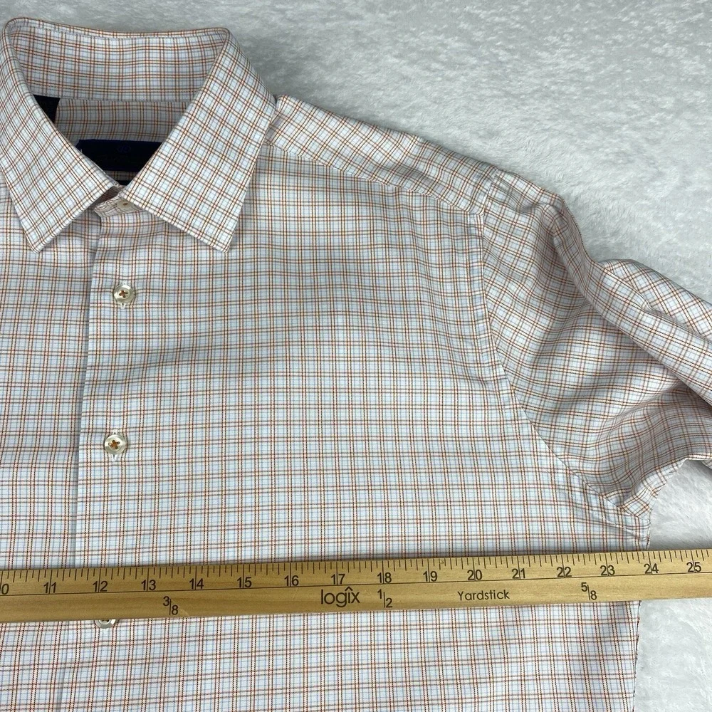 David Donahue Dress Shirt Mens 16.5-34/35 Orange/Blue Checks Trim Fit